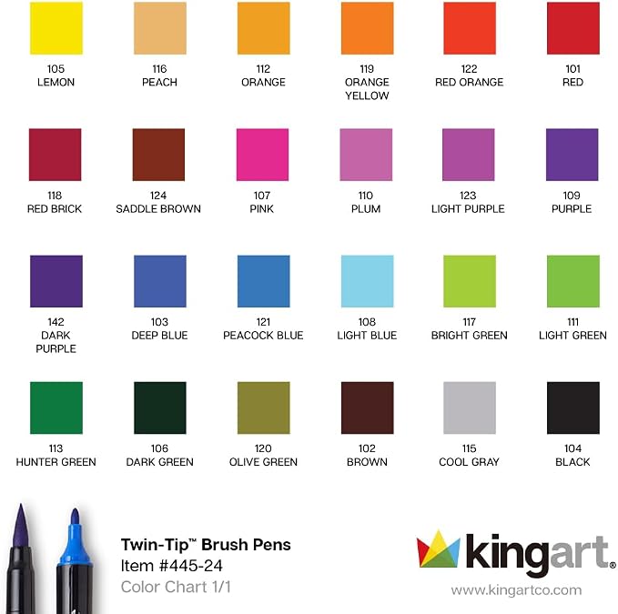 KINGART PRO 445-24 Dual Twin-Tip Brush Pens, Multicolor, 24-Colors