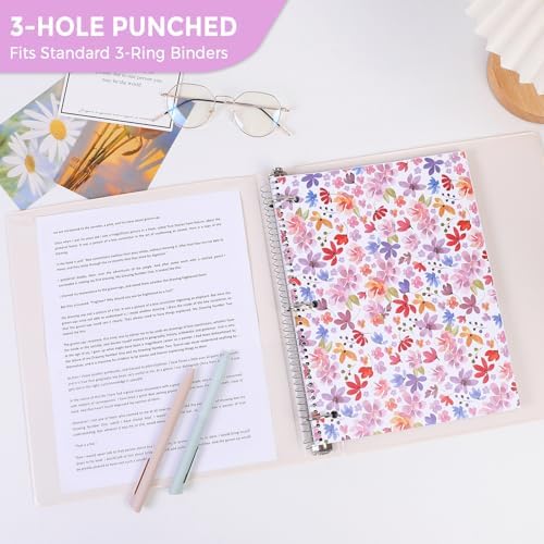 SKYDUE 8"x10.5" Spiral Notebook - College Ruled 100 Sheets, 1 Subject Notebook for School & Office, 3-Hole Punched Paper, Floral Design