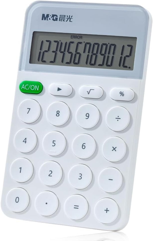 M&G Desk Calculator 12 Digit With Large LCD Display and Buttons, Automatic Sleep, Portable Cute for School Home Business Office, Battery Included (White)