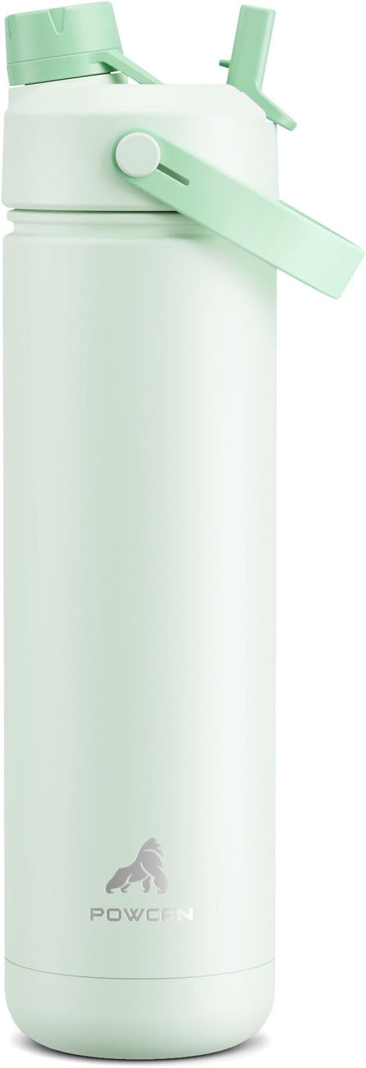 POWCAN 26 oz Insulated Water Bottle with 2-in-1 Straw and Spout Lid, Keep Cold 24H, Leak-Proof, Fits in Car Cup Holder, Stainless Steel Water Bottle for Sports, Travel, and School (Mint)