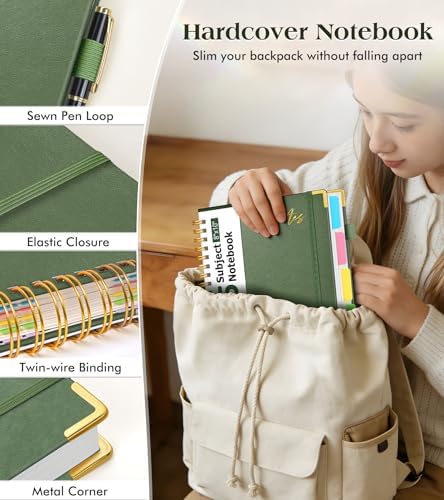 Hardcover Spiral Notebook Journal with Removable Dividers Tabs, 300 Pages Organizer Notebooks for Work School, Leather 5 Subject Notebook College Ruled, 8"x10" Large Lined Journal for Women，Sage