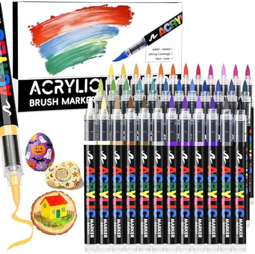 36 Colors Acrylic Paint Markers Brush Tip, Colored Paint Pens Set with Direct-Liquid Ink Control System, Water-Based Coloring Markers for Pumpkin Decorating Kit, Rock, Fabric, Wood, Wood, Art Supplies