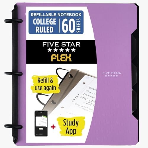 Five Star Flex Refillable Notebook + Study App,College Ruled Paper and 1 Inch TechLock Ring Binder with Pockets,Tabs and Dividers,200 Sheet Capacity,Amethyst Purple (29328AB6),(Pack of 6)