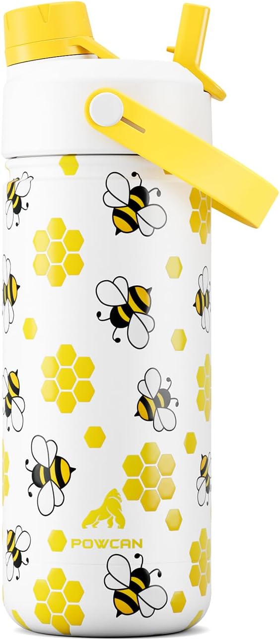 18 oz Cute Water Bottle for Kids: 2-in-1 Straw Spout Lid, Leakproof, Keep Cold 24H, BPA-Free, Backpack and Car Cup-Holder Friendly, Insulated Stainless Steel Cup for Birthday Gift (Sweet Hive)