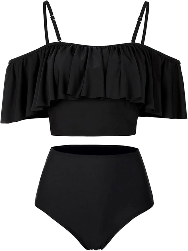 Kaei&Shi High Waisted Flounce Bikini Set,Tummy Control Swimsuits for Women,Off Shoulder