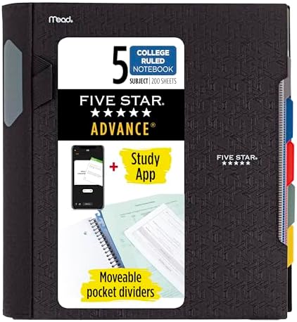 Five Star Advance Spiral Notebook + Study App, 5 Subject, College Ruled Paper, 8-1/2" x 11", 200 Sheets, Spiral Guard, Movable Tabbed Dividers, Black (73144)