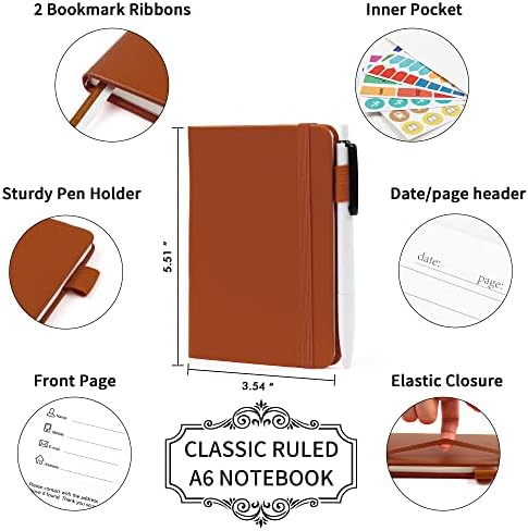 feela 3 Pack Pocket Notebook Journals, Mini Cute Small Journal Notebook Bulk Hardcover College Ruled Notepad with Pen Holder for Office School Supplies, with 3 Black Pens, 3.5”x 5.5”, A6, Brown