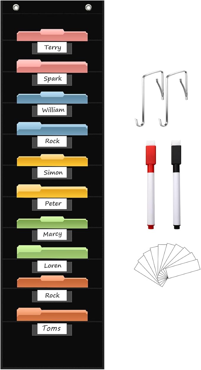 ANCOMEDO 10 Pocket Hanging Wall File Organizer with 10 Nametag Pockets, File Pocket Chart for Classroom and Office. Perfectly Stores Assignments, Files, Scrapbooks, and Documents.