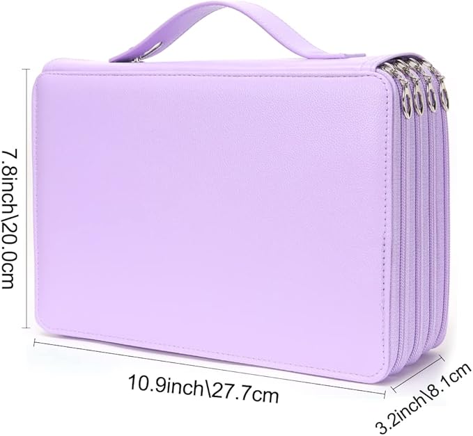 Vomgomfom 200 Slots Pencil Bag, 4-Layer Zipper Portable Art Supply Organizer, PU Leather Large Capacity Colored Pencil Case with Handle for 200 Watercolor Pens, Gel Pens (Purple)