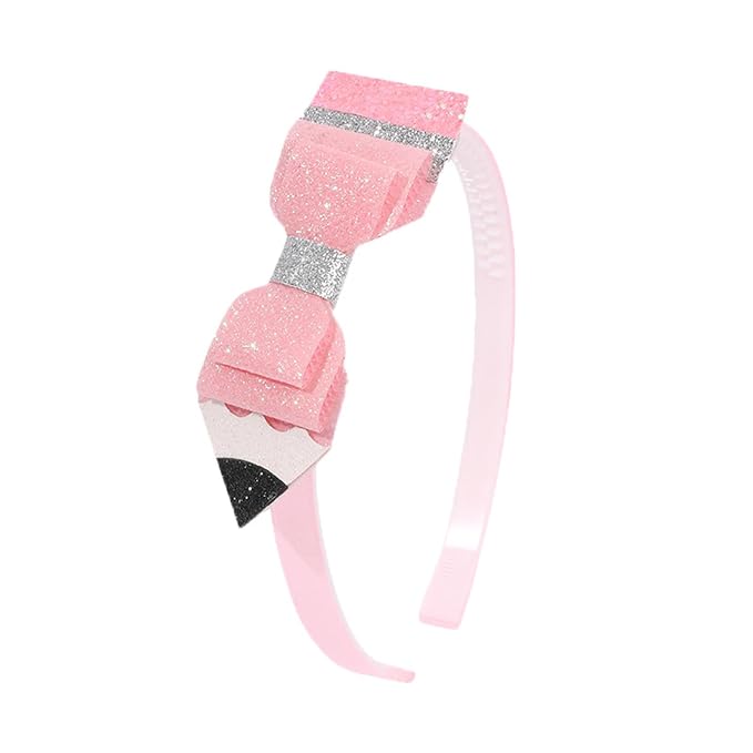 Back to School Headband Pencil Bow Hair Band Sparkly Pink Glitter Headbands Cute Preppy Hair Accessories for Student Teacher Gifts, School Classroom Party Supplies
