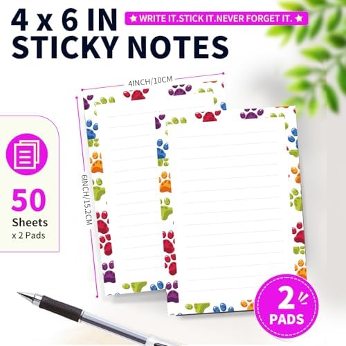 Lined Sticky Notes 4x6 in, 2 Pack Large Cute Notepads with Lines Self-Stick Note Pad, Funny Memo Pads Strong Adhesive for Office, Home Colorful Cute Dog Paws