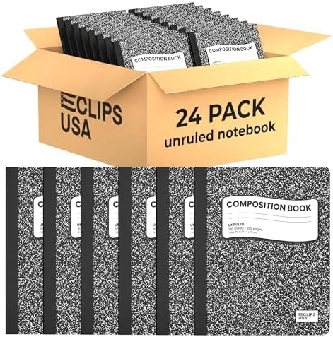 E-CLIPS USA Composition Notebooks, Unruled Composition Notebook, Hard Cover Marble Composition Notebook, 100 sheets, 9.75″ x 7.25″ (24)