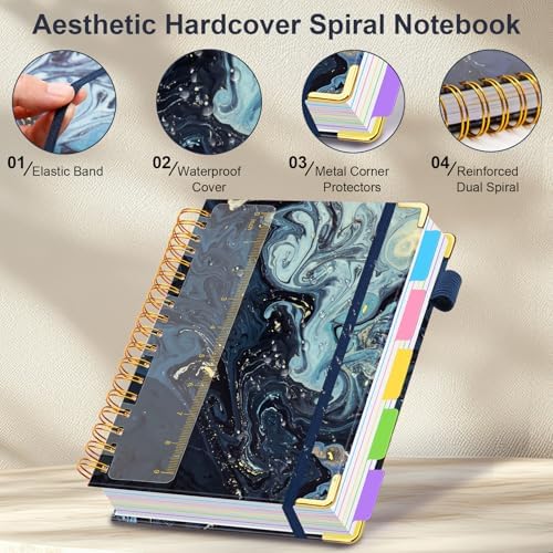 Spiral Journal Notebooks for Work, 300 Pages 5 Subject Notebook College Ruled with Dividers & Tabs, A5 Notebook Journal for Women Students Note-Taking and Organizer (Navy Marble)