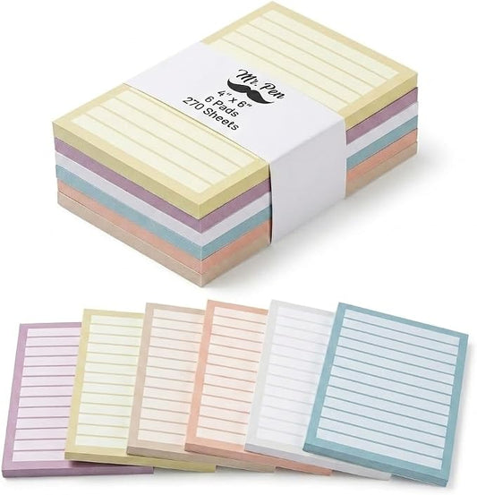 Mr. Pen- Lined Sticky Notes, 4" x 6", 6 Pads, 270 Sheets, Sticky Notes with Lines, Ruled Post Stickies, Memo Pads, Self-Stick Note Pad for Office, School, Home, Study & Organization