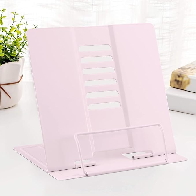 MSDADA 2PC Different Design Desk Book Stand Metal Reading Rest Book Holder Adjustable Cookbook Documents Holder Portable Sturdy Bookstand for Recipes Textbooks Tablet Music Books(Macaron Pink+Purple)