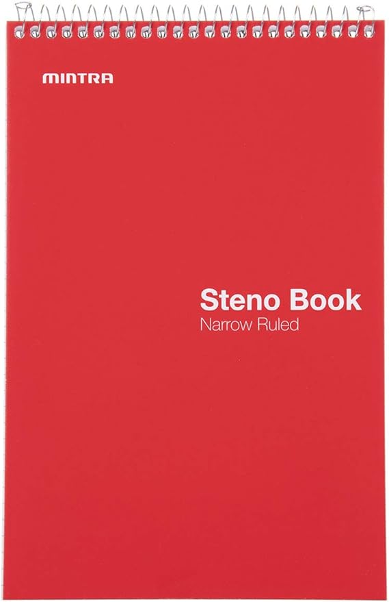 Mintra Office Steno Books Set - Top-Spiral Bound, Narrow Ruled, 70 White Sheets, Poly Primary Color Covered Notebooks for Office, Professional, School & Work, Note-taking, Writing Pads, 6"x9", 4 Pack