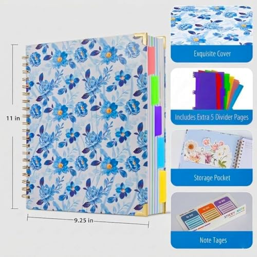 Hardcover Spiral Notebook 8.5" x 11" with Removable Dividers, 300 Pages 5 Subject College Ruled Notebook for Work with Tabs, A4 Spiral Journal for Women Men, School Students Note Taking, Blue Floral