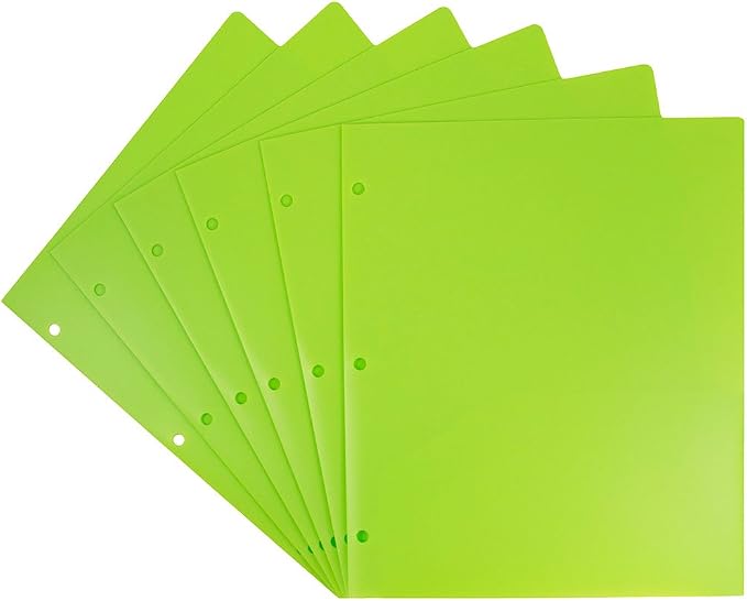 JAM PAPER Heavy Duty Plastic 3 Hole Punch Pocket Folders - Extra Tough School Folders - Lime Green - 6/Pack