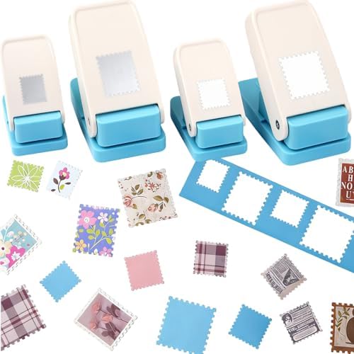 4 Size Stamp Puncher, 1 inch & 1.5 inch Square Stamp Punch, 1.5X1.25inch & 1x0.8 inch Rectangular Postage Stamps Puncher, Stamps Shaped Paper Punch, Craft Punches for Crafting DIY Scrapbooking