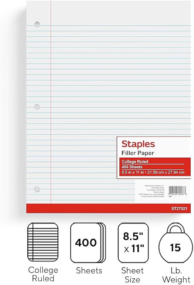 STAPLES College Ruled Filler Paper, 8.5” x 11”, White, 400‑Sheet Pack