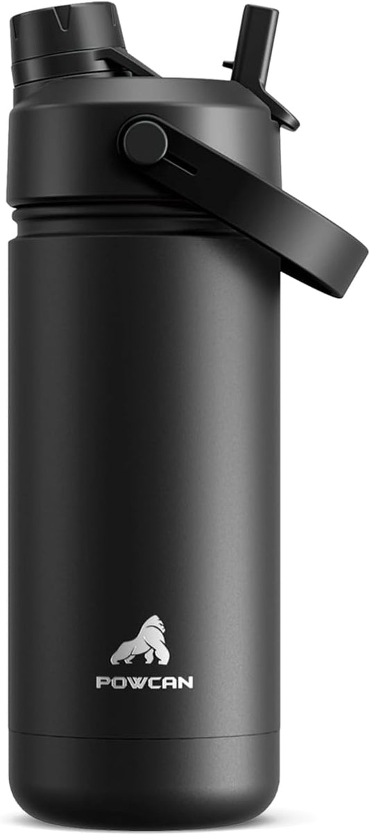 POWCAN 18 oz Insulated Water Bottle with 2-in-1 Straw and Spout Lid, Keep Cold 24H, Leak-Proof, Fits in Car Cup Holder, Stainless Steel Water Bottle for Sports, Travel, and School (Dark Knight)