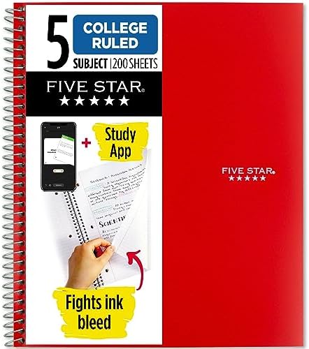Five Star Spiral Notebook + Study App, 5 Subject, College Ruled Paper, Fights Ink Bleed, Water Resistant Cover, 8-1/2" x 11", 200 Sheets, Color Will Vary (06208)