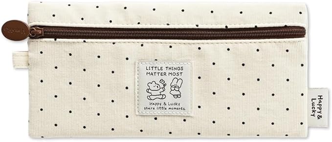 Monolike Happy and Lucky Candy Dot pen case, Ivory - Slim Corduroy Style Cotton Pen Pouch, Cute Aesthetic Pastel Stationery Organizer for Office