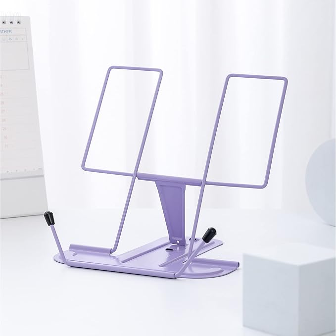 MSDADA 2PC Different Design Desk Book Stand Metal Reading Rest Book Holder Adjustable Cookbook Documents Holder Portable Sturdy Bookstand for Recipes Textbooks Tablet Music Books(Purple+Purple)