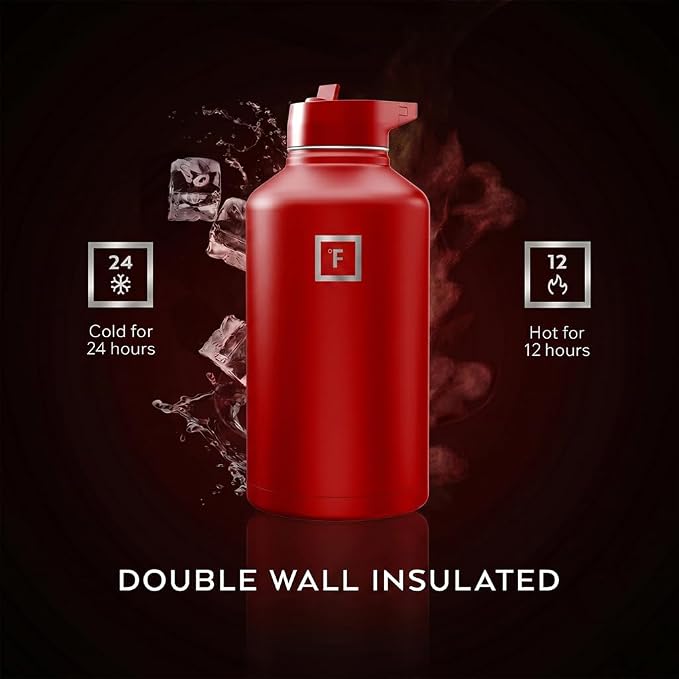 IRON °FLASK 64 oz Wide Mouth Water Bottle with Straw | Insulated Half Gallon Water Bottle with Leakproof Straw Lid - BPA Free, Cold 24 Hrs, Sweat Free (Fire Red)