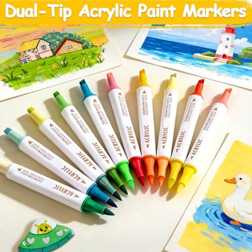 72 Colors Acrylic Paint Markers, 36 Pack Dual Tip Chisel & Fine Permanent Art Paint Pens Set, Coloring Markers for Adult Book Drawing, Rock, Stone, Fabric, Art Supplies Marker Kit for Illustration DIY