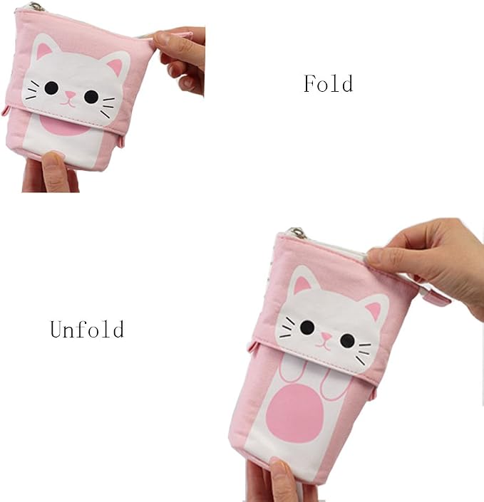 iSuperb Standing Pencil Pouch Pencil Case Cute Cat Telescopic with Zipper Canvas Kwaii Cartoon Pencil Bag Stationery Box for Kids Girls Boys School Supplies 7.5 x 4.9 x 3.0inch/4.1x 3.0inch
