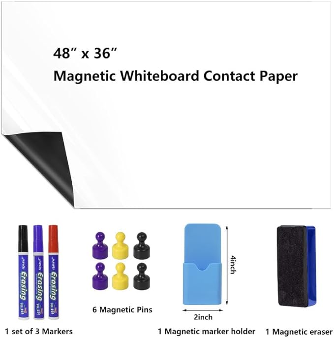 GMEHAR Magnetic Whiteboard Contact Paper, 48” x 36” Adhesive Dry Erase White Board for Wall,Peel and Stick Magnet Wallpaper for Home, Fridge, Kid’s Playroom, Office, Classroom
