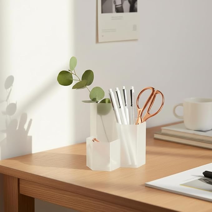 Pen Holder for Desk Pencil Organizer Beige Small Desk Organizer Cute Pen Holder for Office,School and Home (Transparent, Triangular)