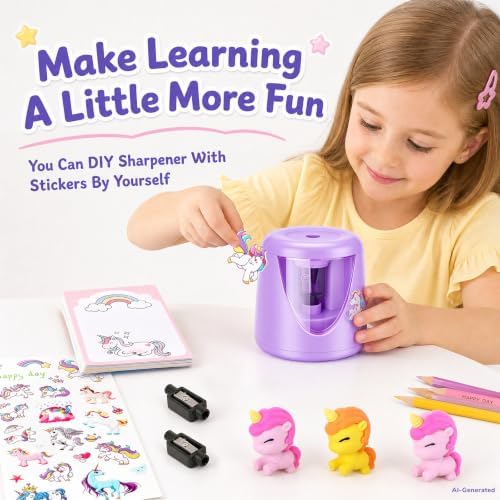 homicozy Electric Pencil Sharpeners for Kids, Cute Small Pencil Sharpener for Home Classroom, Battery Pencil Sharpener Electric Plug in, with Erasers DIY Stickers Note Pad (Purple Battery)