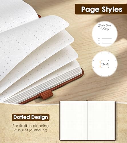 Dotted Journal Notebook, A5 Leather Hardcover, 160 Pages, 180° Lay-Flat Binding, 100 GSM Thick Paper, Dot Grid for Bullet Journaling, Planning & Daily Organization (Brown)