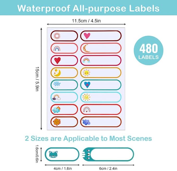 480 Pcs Baby Bottle Labels - Waterproof Name Labels, Self-Laminating for Kids Stuff - Animal & Weather Themed Daycare Essentials