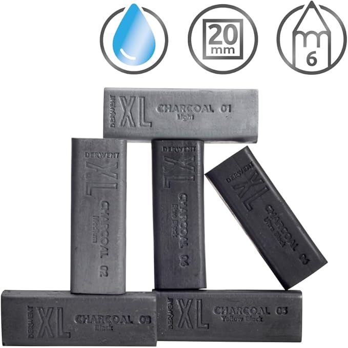 Derwent Charcoal XL Blocks 6 Tin, Set of 6, 60mm Extra-Large Block, Naturally Water-soluble, Ideal for Sketching, Drawing and Expressive Mark Making, Professional Quality (2306196)