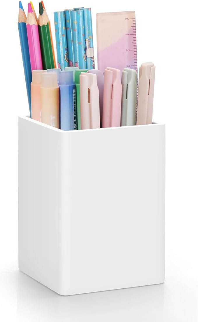 Pen Holder for Desk,Nordic Elegance Square Silicone Pencil Holder Soft Minimalist Desk Pen Cup Stand Waterproof Multifunctional Office Supplies for Home,Kids and School(White)