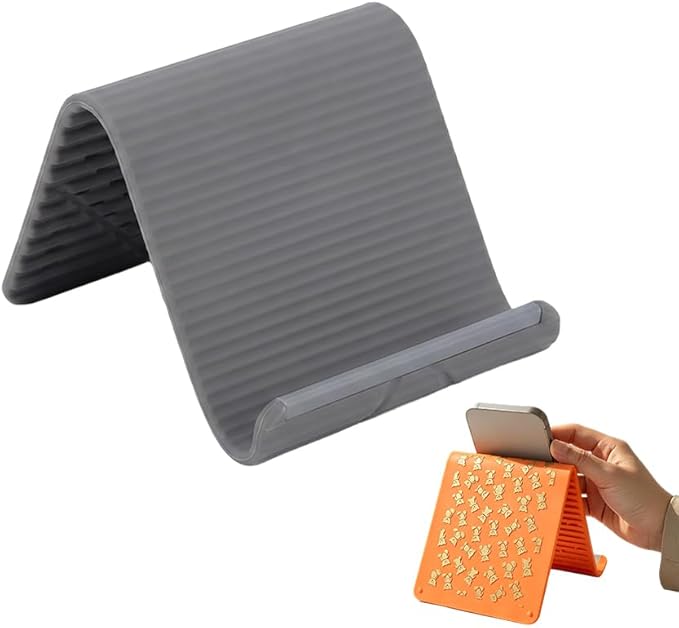 Silicone Phone Stand with Aluminum, Foldable Multi-Angle Adjustable Holder, Anti-Slip Desktop Stand for Phone Tablet Laptop, Portable Roll-Up Stand for Travel & Office (Grey)