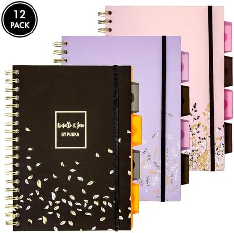 Pukka Pad 5 Subject Spiral Notebook 12-Pack - 200 Pages, 100 Sheets of 80GSM Paper with Repositionable Dividers & Perforated Edges for Office Planning & Organization - B5-7 X 10, Rochelle & Jess