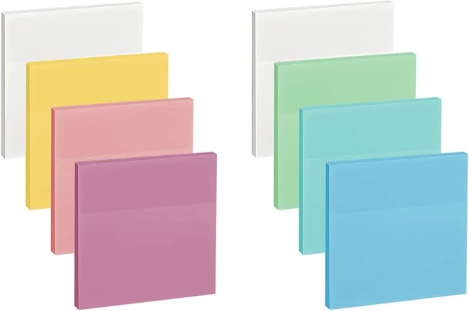ENLUOM 400 Sheets Colored Transparent Sticky Notes - 3 x 3 in Translucent Sticky Notes, Pastel Clear Waterproof See Through Self-Sticky Note, Aesthetic Bible Journaling Sticky Notes (8 Pads)