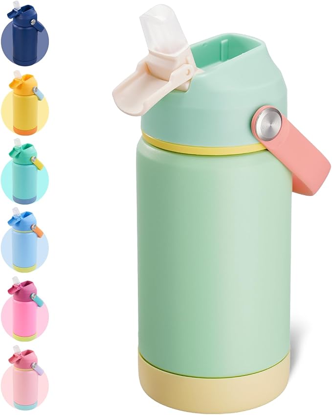 Kerilyn 12oz Water Bottle, Stainless Steel Insulated Water Bottle with Straws Leak-Proof, Water Cup Double Wall Vacuum, BPA Free, Grassy Green