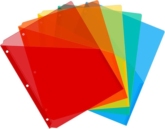 Maitys 5 Pack Binder Pockets 3 Hole Punch Clear Plastic Document Folders Binder Organizer Store Letter Size 8.5 x 11 Inch Paper Folders with Pockets Slash File Jacket for Office (Bright Colors)