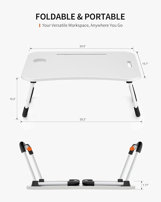 FISYOD Foldable Laptop Table, Portable Lap Desk Bed Table Tray, Laptop Stand with Cup Holder & Tablet Slot & Lifting Handle for Working Writing Drawing & Eating (White)
