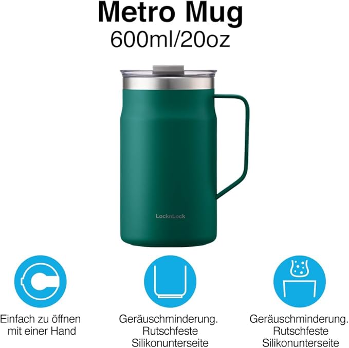 LocknLock Metro Mug Premium 18/8 Stainless Steel Double Wall Insulated with Handle Perfect for table with Lid, Yellow, 20 oz