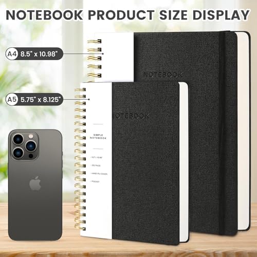 Spiral Notebook - 8.5 x 10.98 Inch Large Hard Cover Notebook with Elastic Band & Pocket, 180 Pages, Lay Flat Wirebound Journal for Work, School, Planning & Note Taking Black