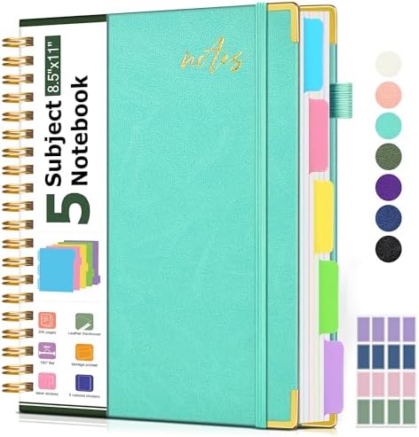 Hardcover Spiral Notebook 8.5"x11" Journal with Removable Dividers Tabs, 300 Pages Organizer Notebooks for Work School, Leather 5 Subject Notebook College Ruled, Large Lined Journal for Women，Aqure
