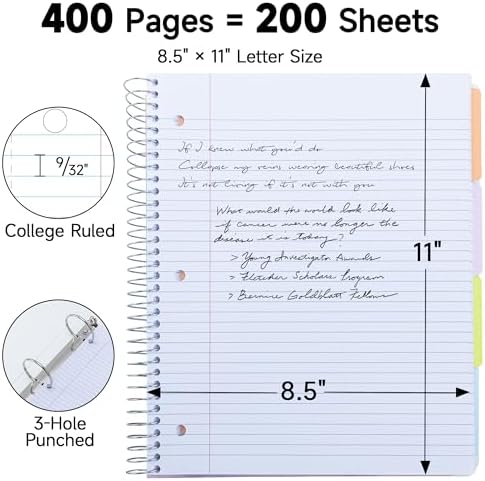 deli 2 Pack 5 Subject Spiral Notebook, College Ruled 8.5"x11", 400 Pages Total (200 Sheets), Plastic Dividers with Pockets, 3 Hole Punch, PP Waterproof Cover, Gold Coil Binding