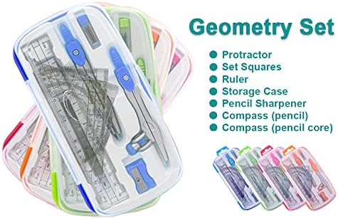 Akuoly Math Compasses Back-to-School Starter Geometry Kit with 2 Drafting Compasses Protractor Set Squares Ruler and More for Students Maths Study Homework, Blue Set with Carry Case