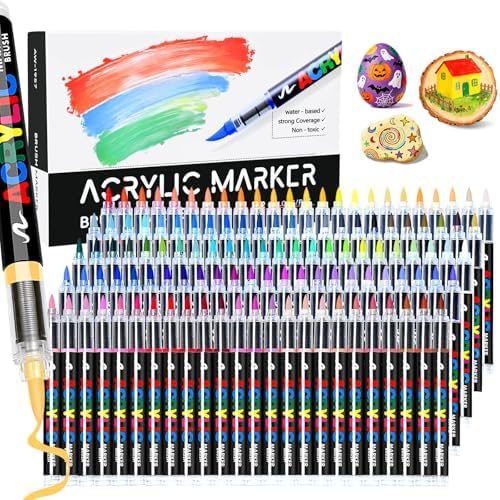 120 Colors Acrylic Paint Markers, Water-Based Colored Paint Pens, Brush Tip Markers with Direct-Liquid Ink Control System, Markers Set for Pumpkin Decorating, Rock, Fabric, Wood, Wood, Art Supplies